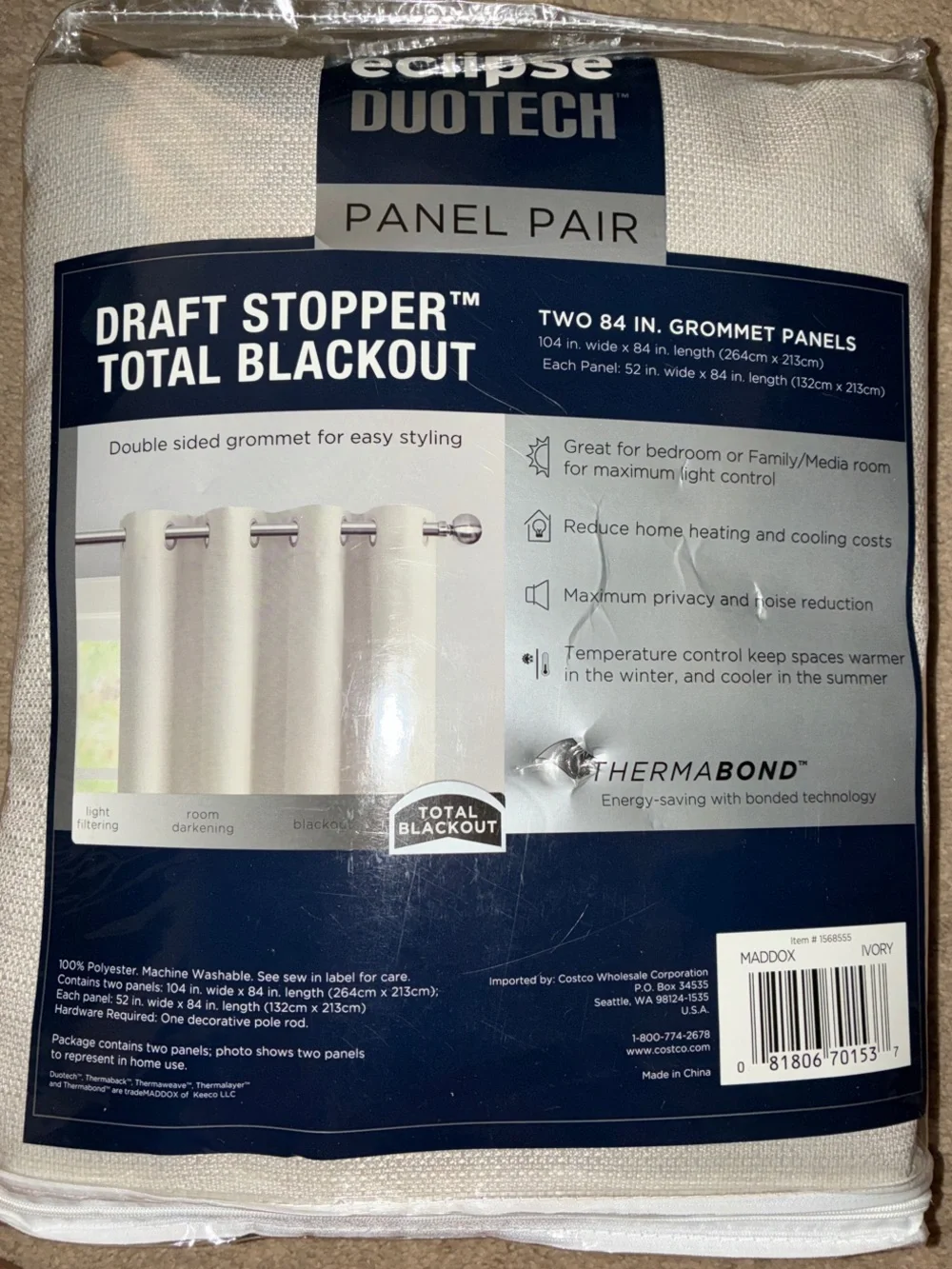 Eclipse Ivory Duotech Total Blackout Grommet Maddox Curtains 84” panel